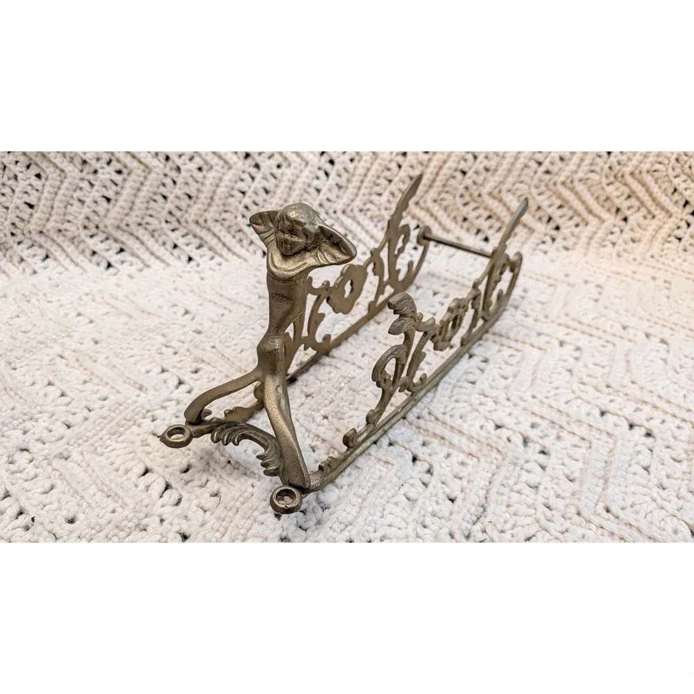 Vintage Brass Art Nouveau Wine Bottle Cradle Holder Lady Figure Floral Decor